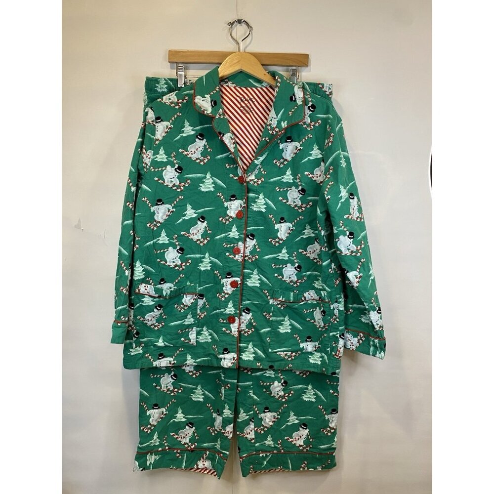 Nick & Nora Green Skiing Snowman Christmas Flannel Pajama Set Long Sleeve XXL
